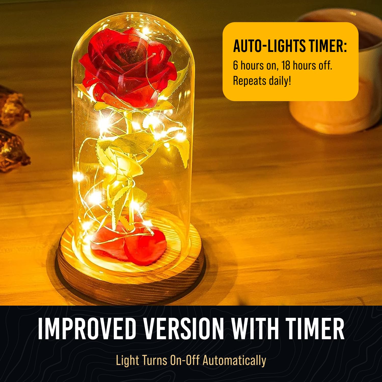 Norcalway Premium Valentines Day Gifts for her - Rose in Glass Dome with 6hr Timer - Birthday Gifts for Women, Mom from Daughter, Son, Kids - Beauty and The Beast Rose in a Glass Dome for Decorations