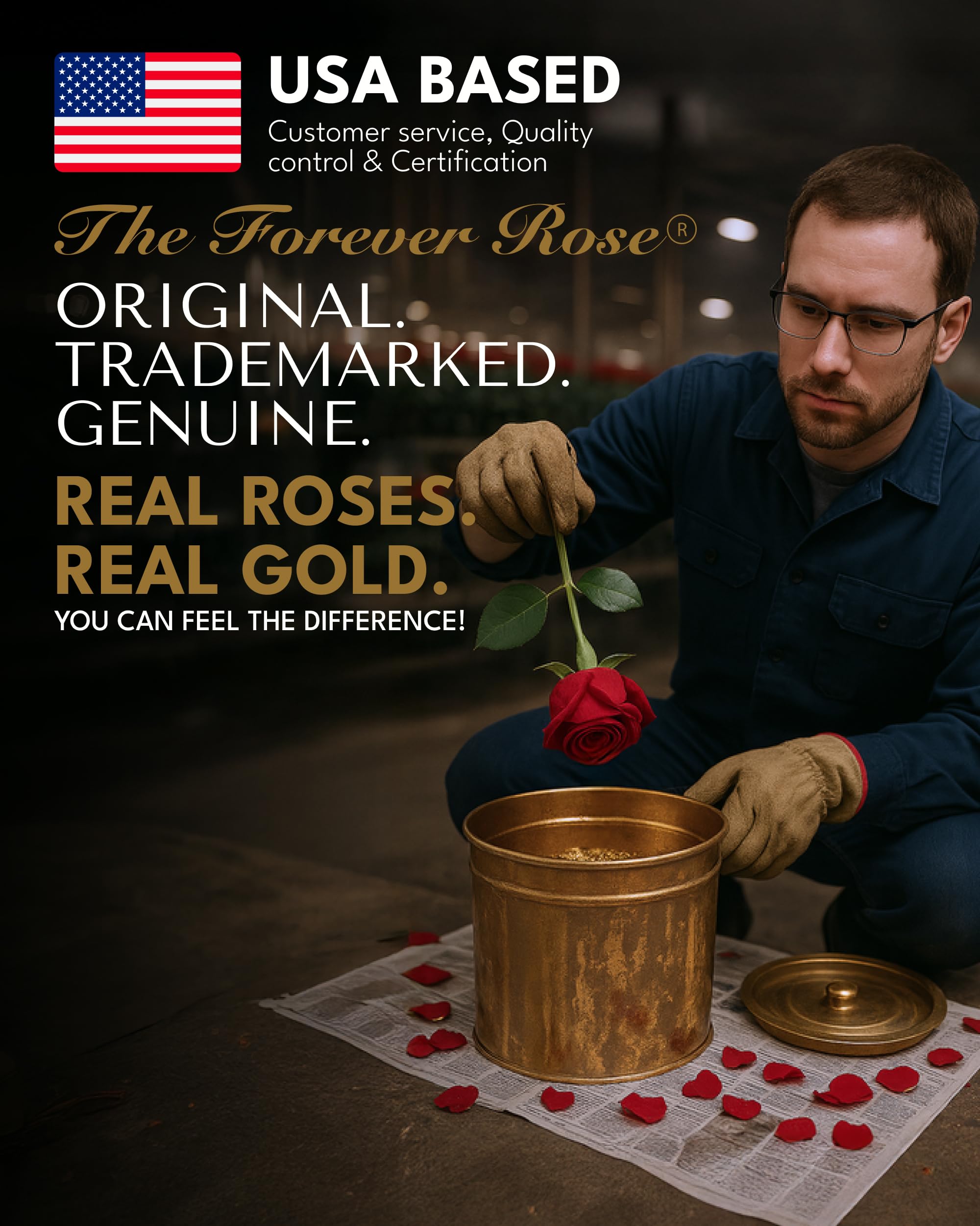 Forever Rose Real 24K Gold Rose, Genuine, One of A Kind Hand Dipped in 24K Gold, Everlasting & Beautiful, Romantic Gifts for Women and Men