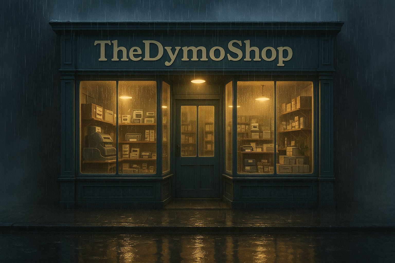 Shop With the name TheDymoShop in rainy background